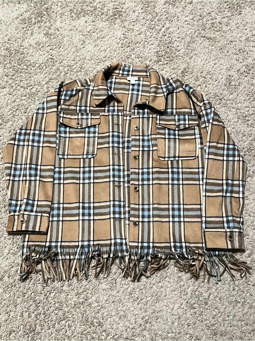 a.n.a Plaid Tan and Blue Fringed Hem Shacket Button Up Coat NEW Women’s XL